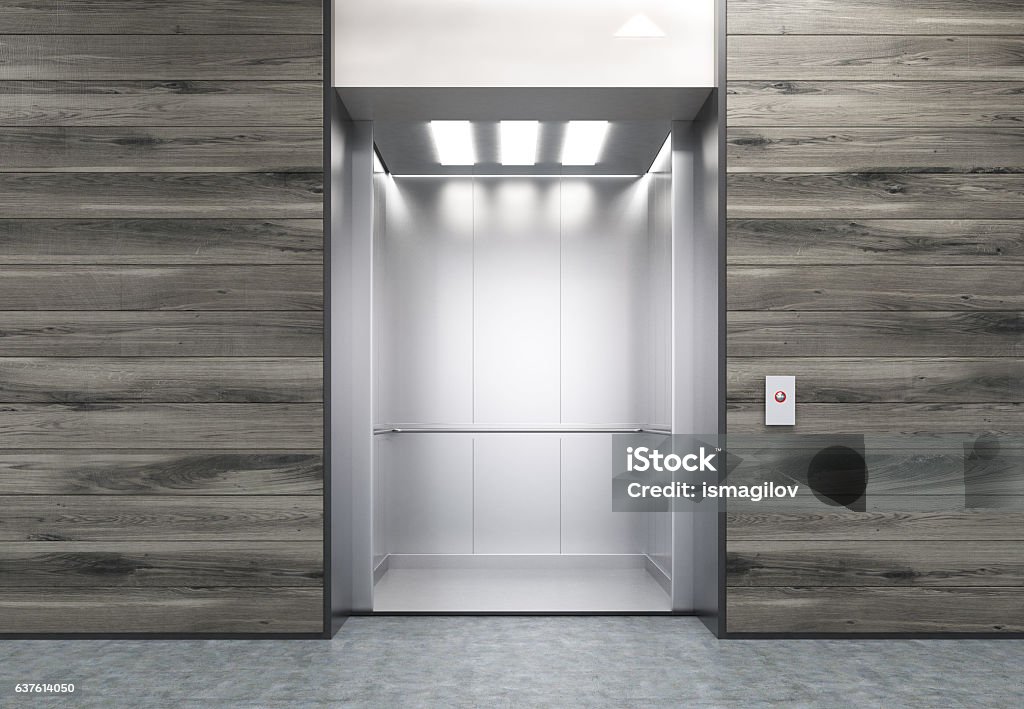 Offener Aufzug in Holzwand - Lizenzfrei Fahrstuhl Stock-Foto