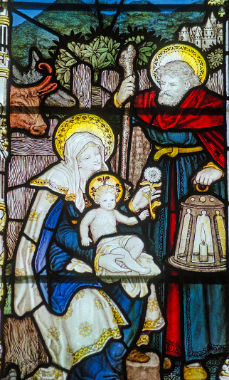 Victorian stained glass window showing the Holy family of Mary, Joseph and the Baby Jesus overlooked by a cow and a horse.  Window on public display over 100 years.