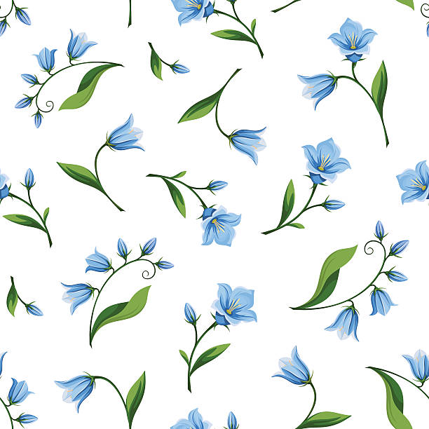 Seamless pattern with bluebell flowers. Vector illustration. Vector seamless pattern with blue bluebell flowers isolated on a white background. campanula nobody green the natural world stock illustrations