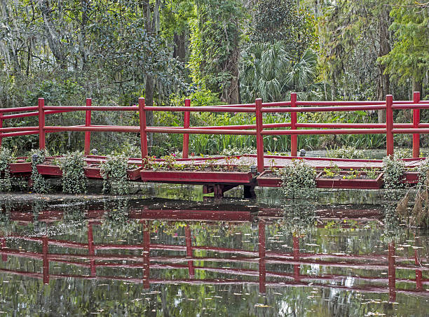 istock Beautiful reflections of red iron bridge in waters. 637622908