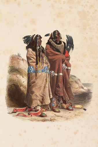 Steel engraving American natives ( Mandan tribe ) with hairdress standing1841