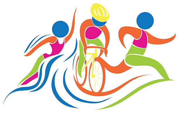 triathlon-ikone in farben - triathlet stock-grafiken, -clipart, -cartoons und -symbole