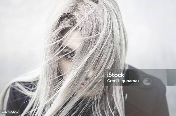 Young Grey Haired Girl Portrait With Covered Face Stock Photo - Download Image Now - Beauty, Gray Hair, Fashion Model