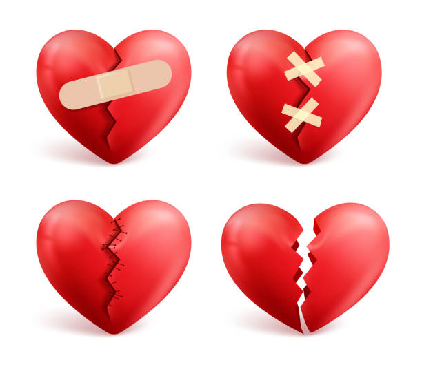 Broken hearts vector set of 3d realistic icons and symbols Broken hearts vector set of 3d realistic icons and symbols in red color with wound, patches, stitches and bandages isolated in white background. Vector illustration. divorce patterns stock illustrations