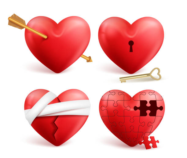 красные сердца вектор 3d реалистичный набор для валентина день - relationship difficulties heart shape bandage adhesive bandage stock illustrations