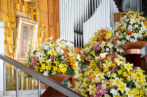 The beautiful altar at the New Basilica of Our Lady of Guadalupe, in Mexico City, is very imposing. Flowers adorn the altar, and the mantle of the Virgin can be seen on the background. The new Basilica has a circular floor plan so that the image of the Virgin can be seen from any stand point. But overall, the feeling of serenity is what a lot of people feel inside.