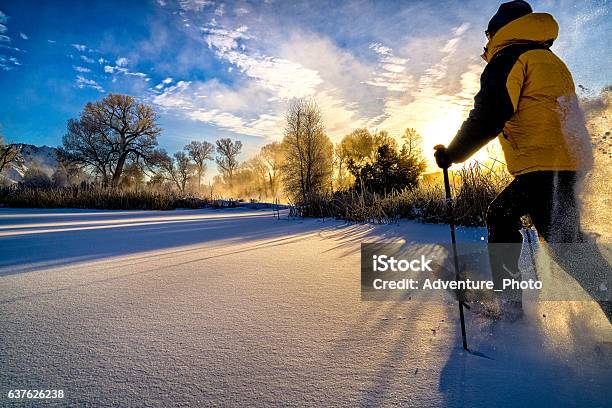 Snowshoeing At Sunset Stock Photo - Download Image Now - Snowshoe, Colorado, Sunrise - Dawn