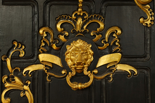 Iron lion door knocker on vintage wooden door