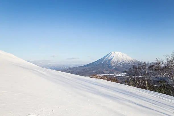 Winter landscape of white snow hill and mountain Yotei in Niseko Annupuri ski area, Hokkaido Japan