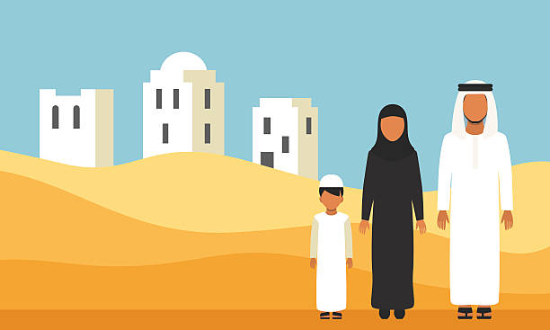 Arabic Family in traditional clothes in desert dunes vector art illustration