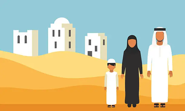 Vector illustration of Arabic Family in traditional clothes in desert dunes