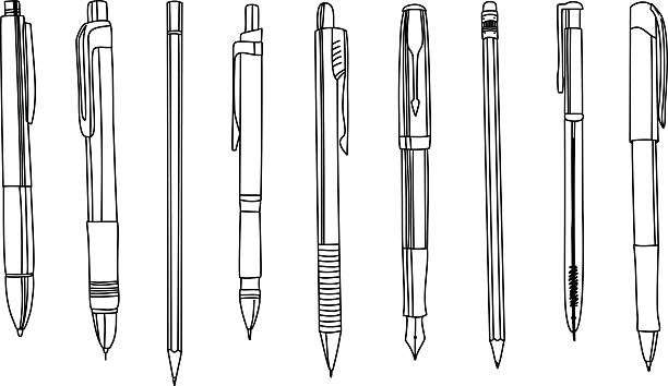 Bolígrafos y lápices en una fila, ilustración de contorno. - ilustración de arte vectorial