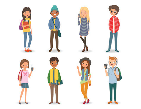 Group of international students with books, phones and backpacks. Vector illustration
