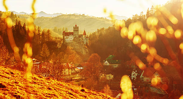 Bran, Romania - February 22, 2016: Bran Castle, Transylvania, Romania.Autumn stunning landscape with fortress at the border between Wallachia and Transylvania. It is also known for the myth of Dracula. One of the most visited landmark by tourists in Romania. Bran Castle, Transylvania, Brasov.