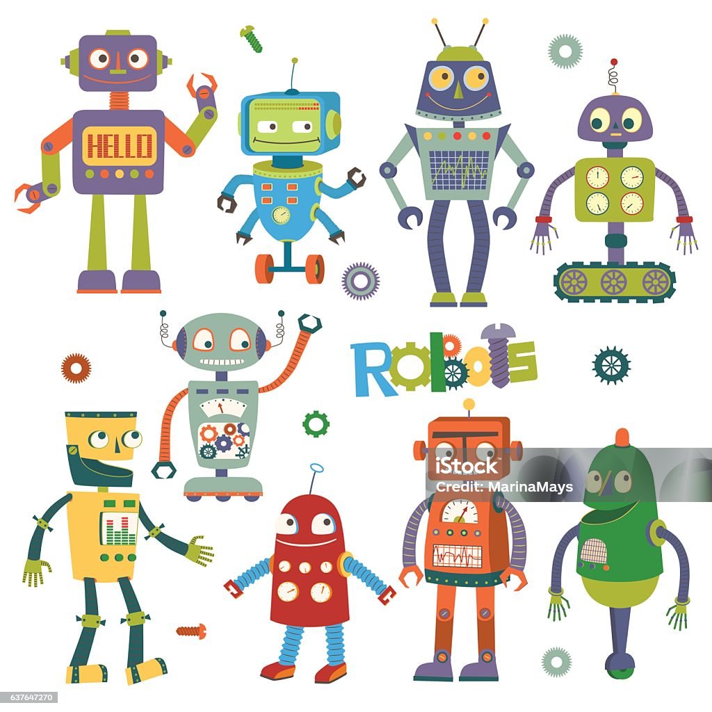 Set Of Vector Robots In Cartoon Style Stock Illustration - Download Image  Now - Robot, Cute, Cartoon - iStock