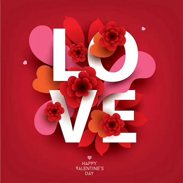 Vector illustration of Composition with LOVE inscription and abstract florals elements.