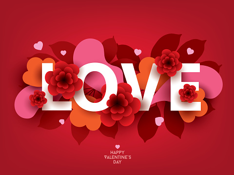 Composition with LOVE inscription and abstract florals elements. Colorful vector illustration for your banner, poster, flyer, brochure