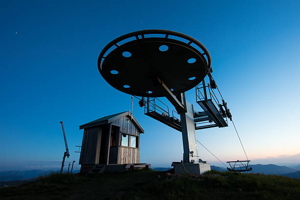 A lonesome ski lift and building under a summer starry sky at Mt Buller in the Victorian High Country, Australia