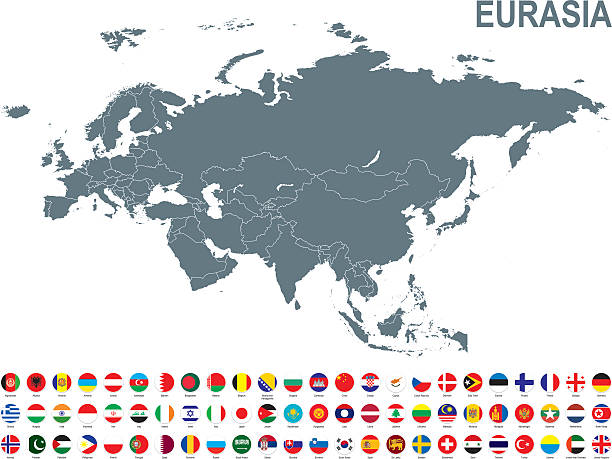 graue karte von eurasien mit flagge vor weißem hintergrund - kasachstan stock-grafiken, -clipart, -cartoons und -symbole