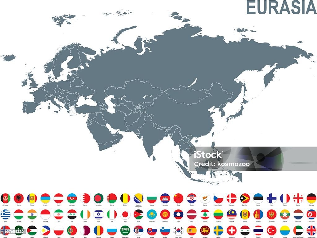 Grey map of Eurasia with flag against white background http://dikobraz.org/map_2.jpg Map stock vector