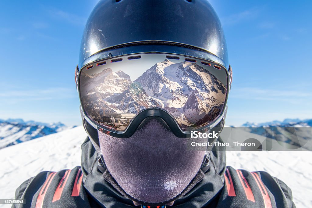 Spectacular Ski Experience Reflection of spectacular snow covered mountains. Taken December 2016, Meribel, France. Skiing Stock Photo