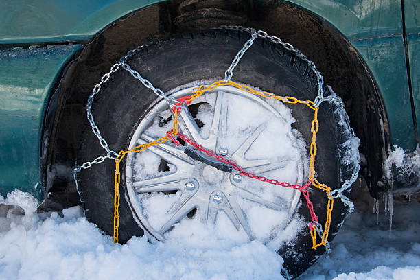 istock Chains snow for the wheel car, deep snowy winter 637660934