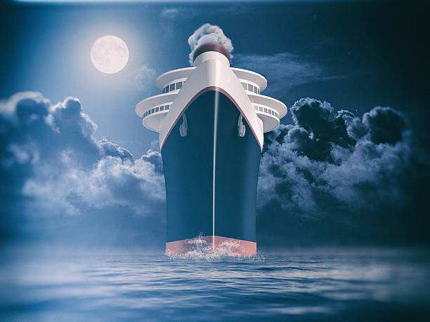Dramatic frontal view of a trans atlantic cruise liner illustration and composition