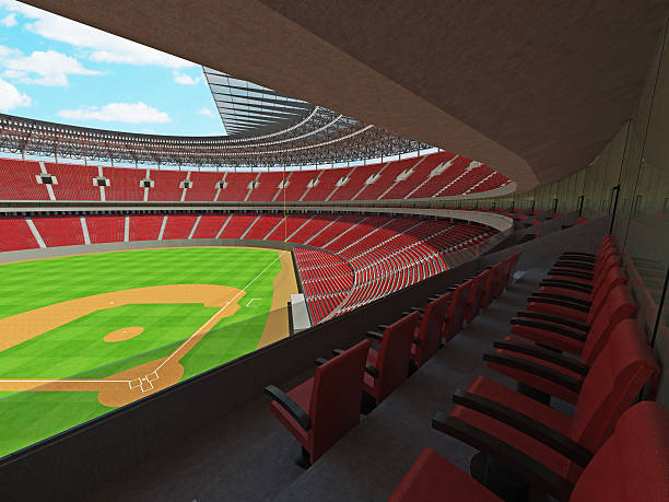 Baseball stadium with red seats and VIP boxes 3D render of baseball stadium with red seats, VIP boxes and floodlights for hundred thousand people baseball stadium chairs stock pictures, royalty-free photos & images