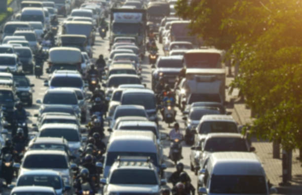 blurred traffic jam in bangkok road - multiple lane highway imagens e fotografias de stock