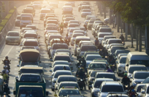 blurred traffic jam in bangkok road - multiple lane highway imagens e fotografias de stock