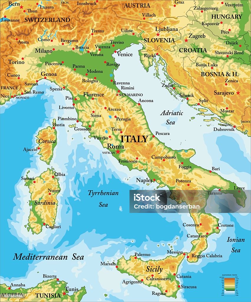 Italy relief map Highly detailed physical map of Italy in vector format, Map stock vector