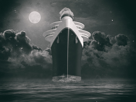 Dramatic frontal view of a trans atlantic cruise liner illustration and composition