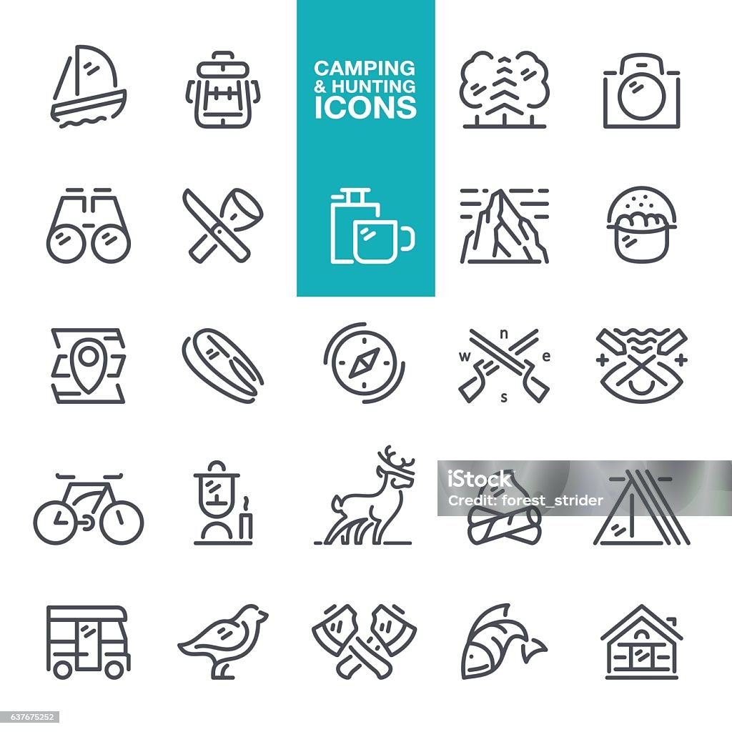 Camping & Hunting icons Tourism & Hiking vector symbols and icons - Illustration.Fishing, Hiking, Activity, Rope, Tent Deer stock vector