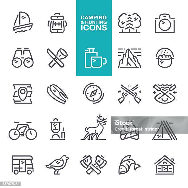 Camping Hunting Icons Stock Illustration - Download Image Now - Deer, Canoe, Nautical Vessel