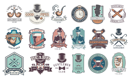 Set of vector vintage gentleman emblems, labels, icons, signage and design elements. Engraving style.