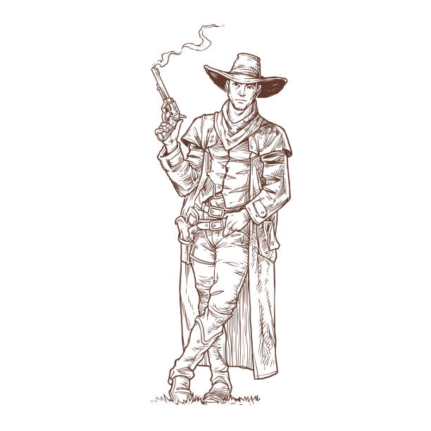 illustrazioni stock, clip art, cartoni animati e icone di tendenza di rapinatore con una pistola fumante - cowboy desire west poster