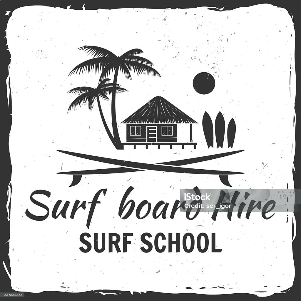 Surf board hire concept. Vector Summer surfing retro badge. Surfing concept for shirt or logo, print, stamp. Cut Out stock vector