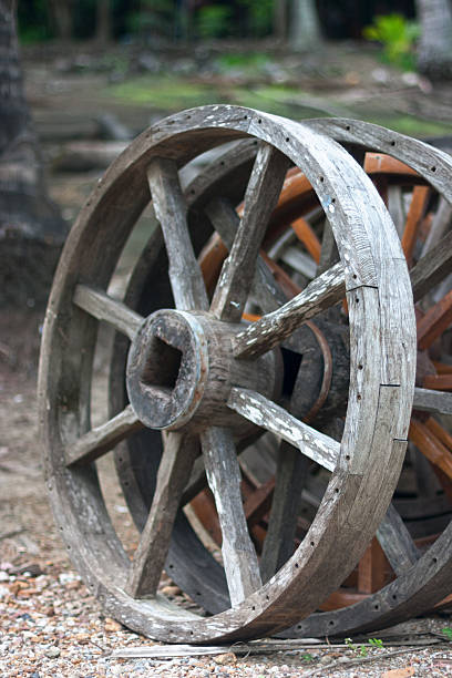 Old wooden wheel from cart in barn