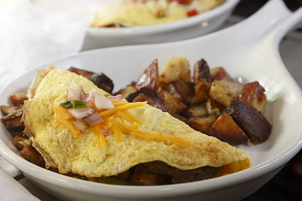 istock Omelet with Hash browns in white dish 637691800