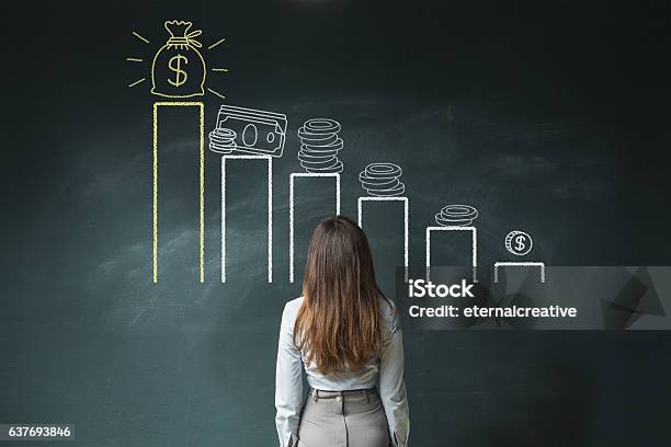 Financial Chart On Chalkboard Stock Photo - Download Image Now - Wages, Currency, Women