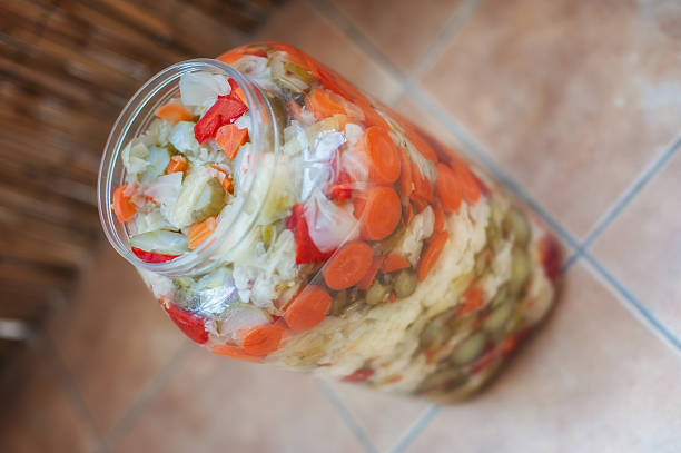 mixed vegetable winter pickles salad - sauerkraut cabbage paprika salad imagens e fotografias de stock