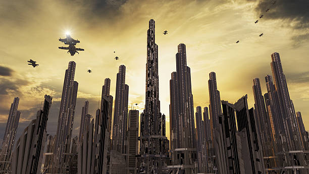 istock Spaceship and futuristic city 637697682