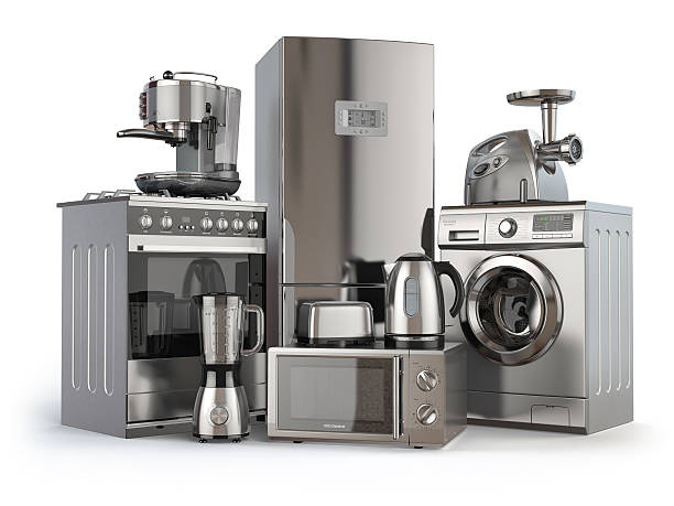 istock Home appliances. Gas cooker, refrigerator,  microwave and  washi 637699518