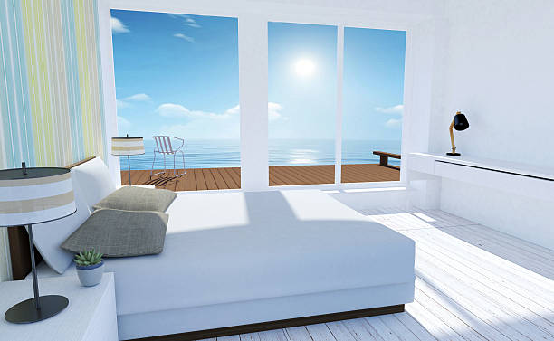 istock White and minimal bedroom interior with sea view in summer 637699774