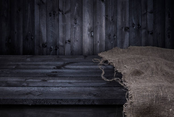 istock Dark wooden table for product display montage 637701736
