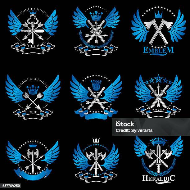 Vintage Weapon Emblems Set Heraldic Coat Of Arms Decorative Emblems ...