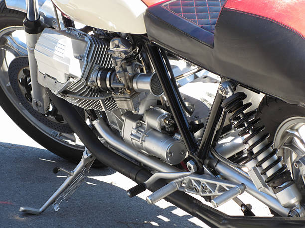 istock Motorcycle chromed engine closeup detail. Side view 637704740