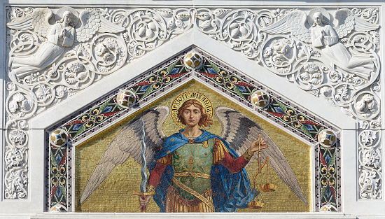 Mosaic of Saint Michael on the facade of the Serbian Orthodox Church in Trieste.
