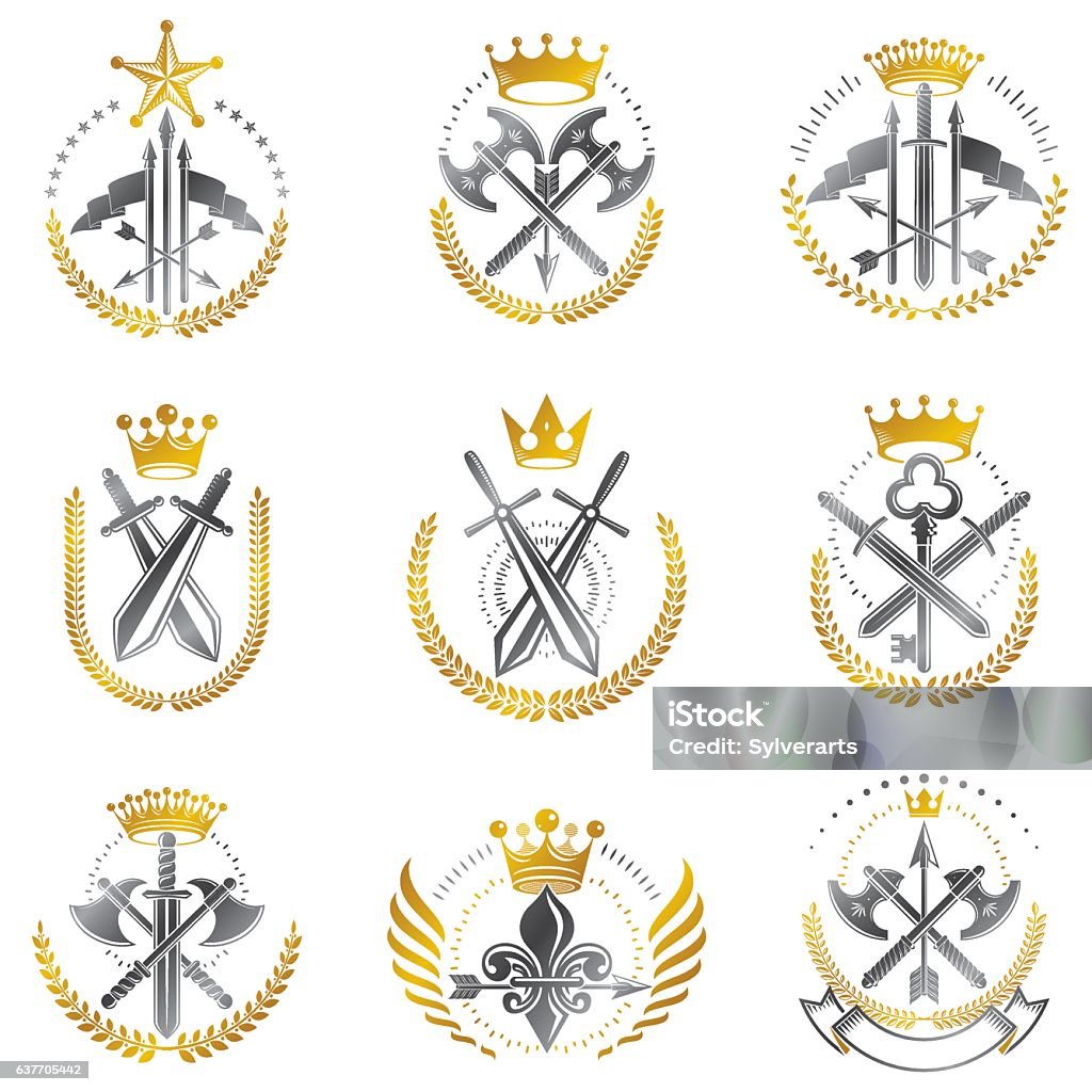 Emblems Of Vintage Weapon Emblems Set Heraldic Coat Of Arms Decorative Emblems ...