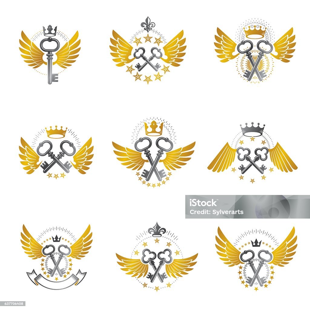 Two Keys Emblem Old Turnkey Keys Emblems Set Heraldic Vector Design Elements Stock ...